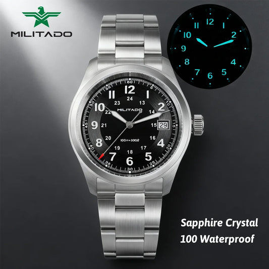 Militado ML08 Vintage Quartz Watch Ronda 515 Movement Ar Sapphire Mirror 38Mm Wrist Watch Date Super Luminous Waterproof Watches