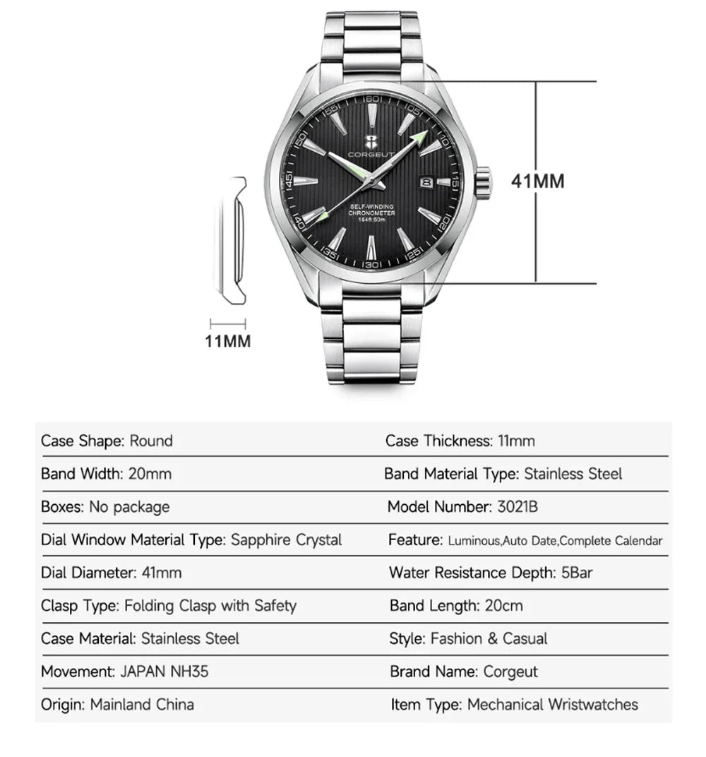 Corgeut 41mm Luxury NH35 Movement Men's Sport Clock Automatic Relogio Masculino Mechanical Wristwatch Sapphire Steel Band Men's Watch
