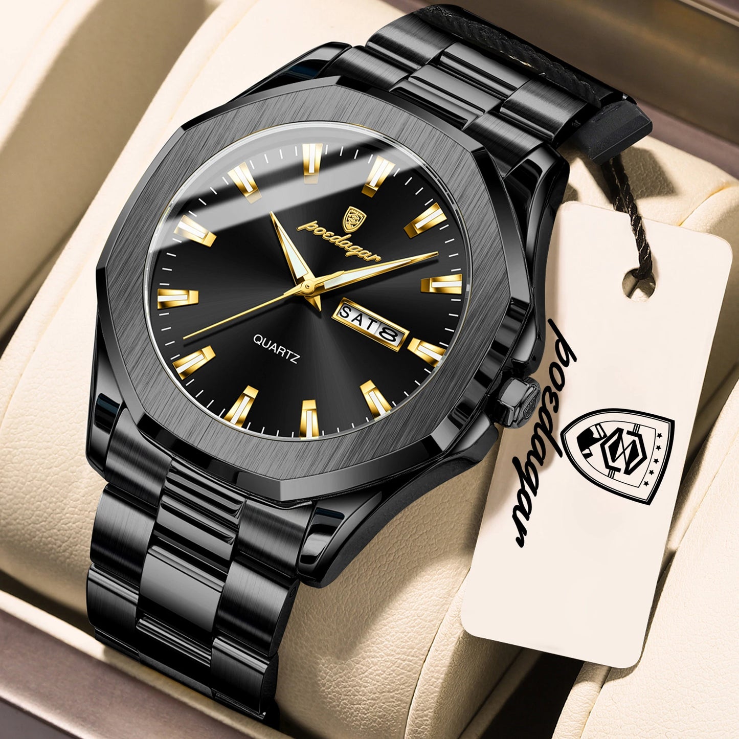 POEDAGAR Luxury Men Wristwatch Waterproof Luminous Week Date Casual Man Clock Stainless Steel Quartz Fashion Men's Watches Reloj