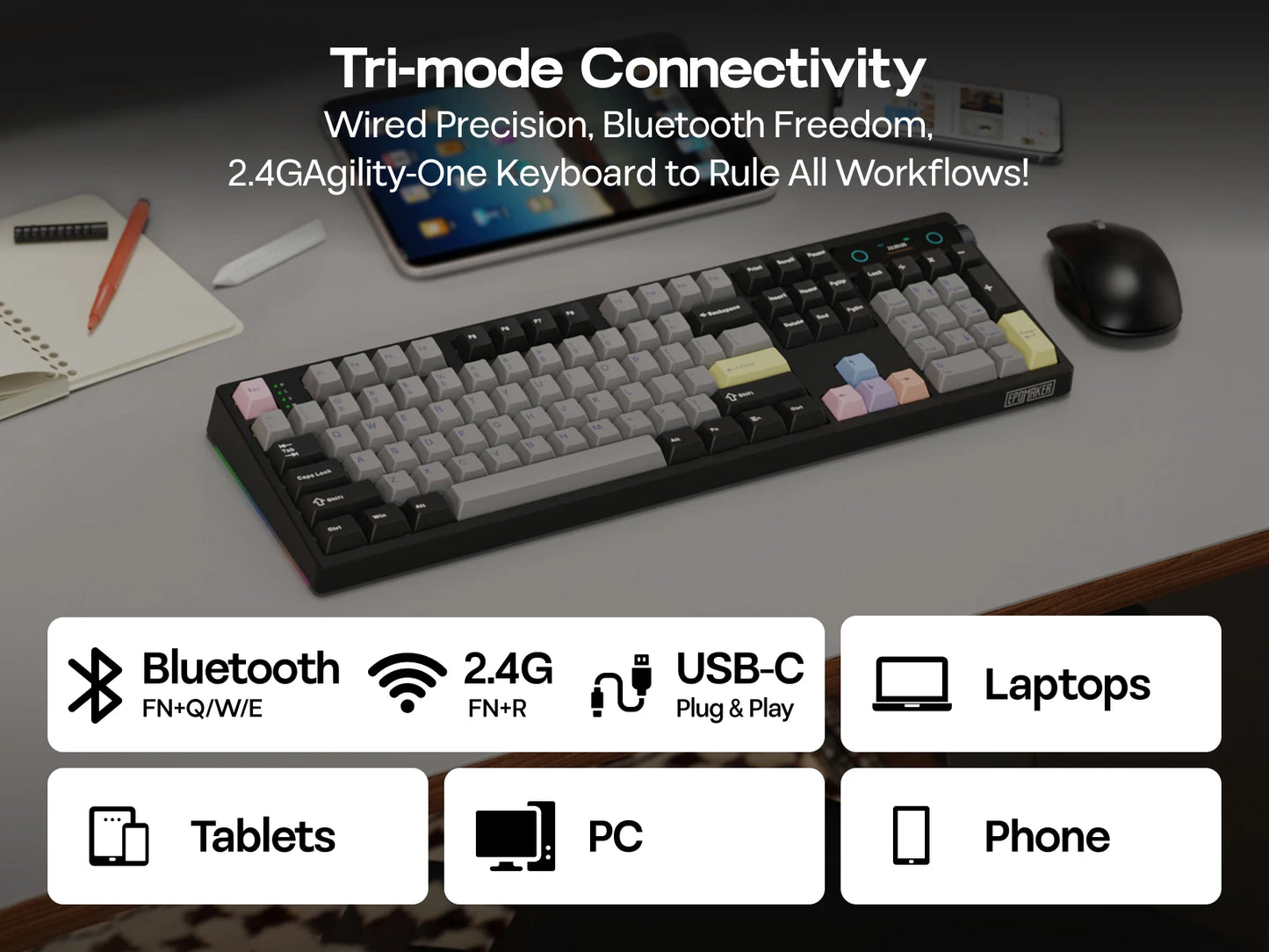 EPOMAKER TH108 PRO 100% Full-Sized Hot-Swap kabelgebundene/BT/2.4Ghz kabellose mechanische Tastatur mit Display & Drehknopf, 10000mAh Akku