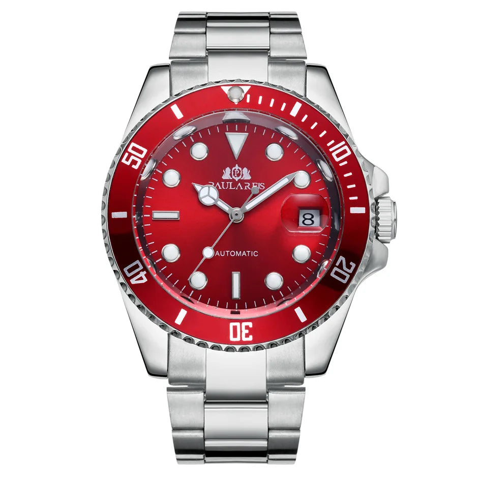 High Quality Automatic Mechanical Watch for Men Stainless Steel Red Dial Date Strong Luminous Luxury Men Watch Reloj Hombre