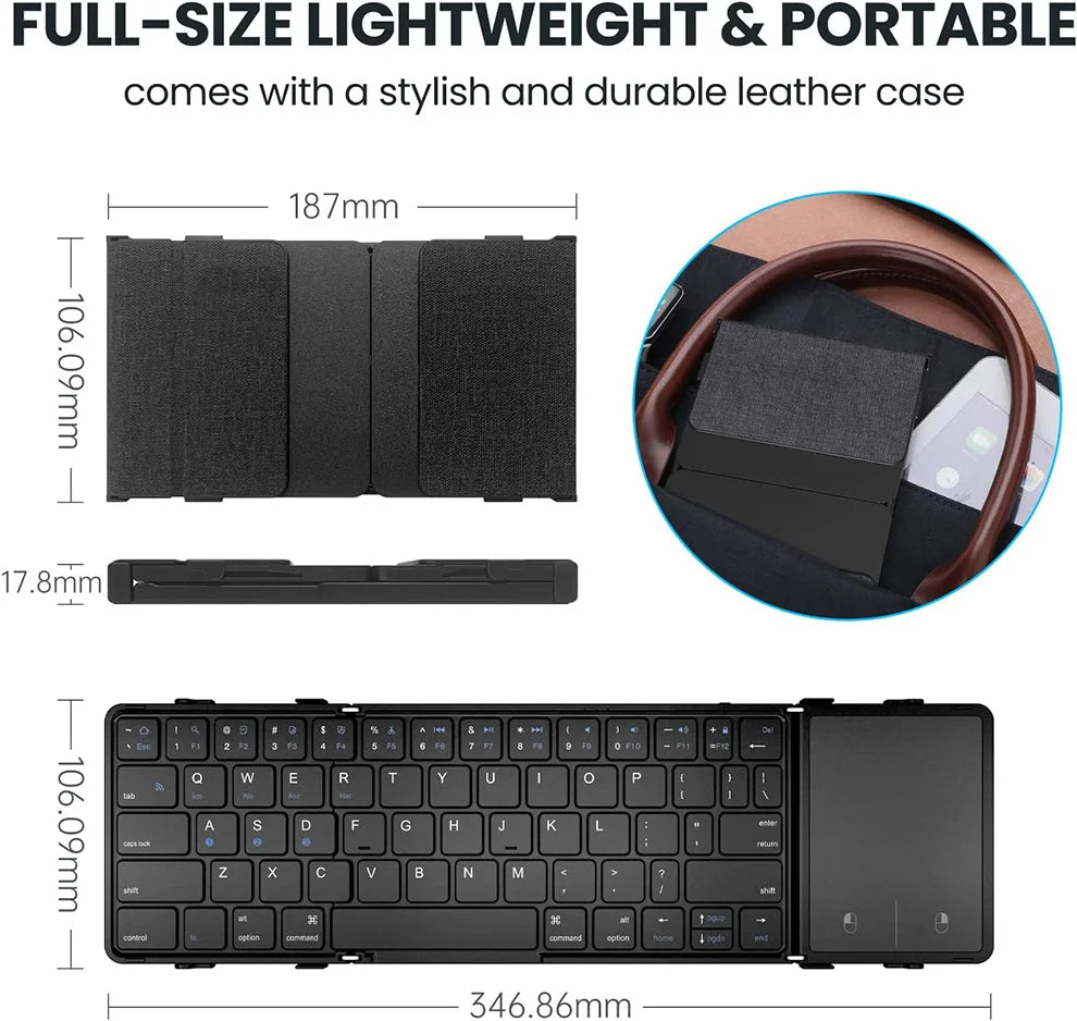 JOMAA Foldable Bluetooth Wireless Keyboard With Touchpad Portable Rechargeable 63 Keys Slim Keyboard for Win 7/8/10/IOS