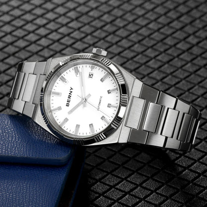 BERNY men’s automatic watch, gold-coloured, sapphire crystal, luminescent hands, 100% genuine, fitted with a PT5000 movement, anti-reflective coating, luxury model with interchangeable bezel, water-resistant to 5 ATM.