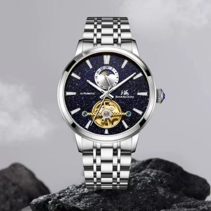 Ceasuri pentru bărbați Shanghai Watch Flywheel cu calendar, cadran Starlight, ceas de mână mecanic automat, oțel inoxidabil 316L, model S8609