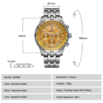 BERNY Aviation Men's Watches Quartz Chronograph Watch Date Sapphire Super Luminous Luxury Brand Dress Man Wristwatch