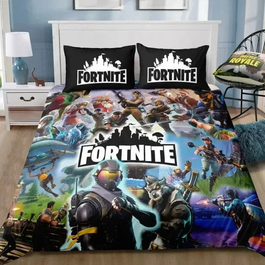 Set copripiumino Fortnite 3 pezzi con stampa 3D, biancheria da letto decorativa per camera, stile gaming cartoon, copripiumino e federa, idea regalo di compleanno