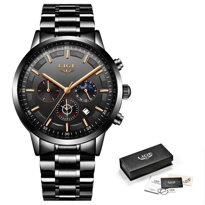 LIGE Men’s Watch – Luxury quartz chronograph, water-resistant (3 bar), with luminescent hands – Gift idea (box included)