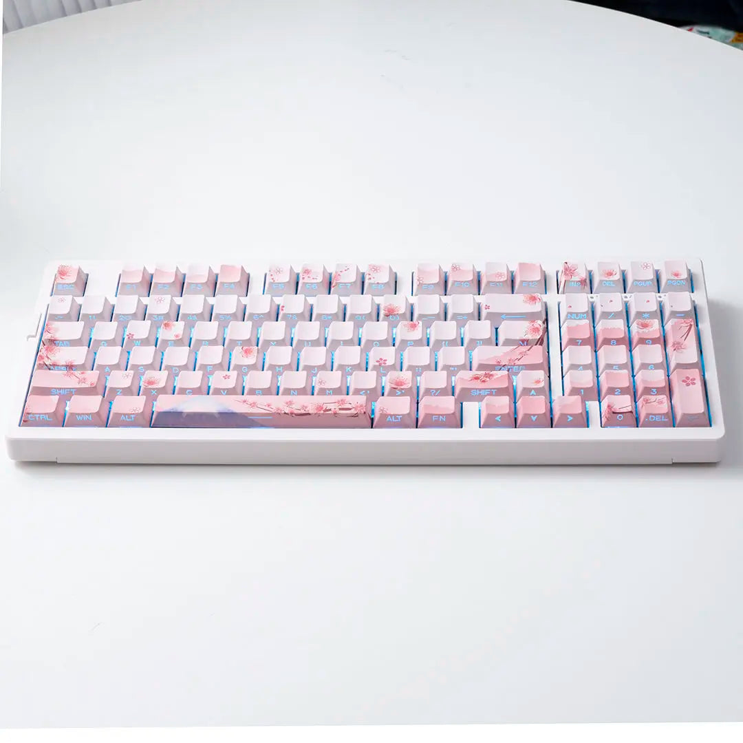 Conjunto de Keycaps Sakura Pink com Gravação Lateral em PBT Translúcido, 127 Teclas para Teclados Mecânicos MX Switch 60/84/90/104/108