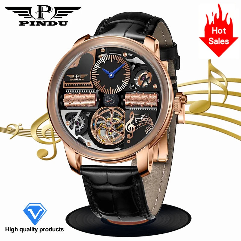 Relógio Automático de Luxo para Homem PINDU Design Music Series 2025 Novo, Movimento Mecânico, Aço Inoxidável, Vidro de Safira, Esqueleto
