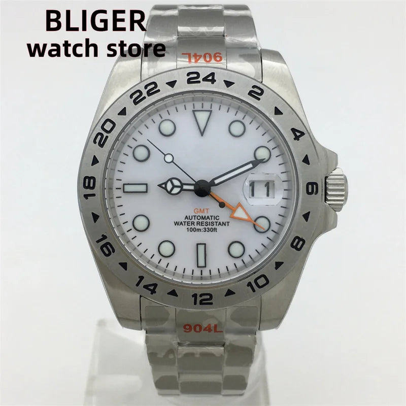 BLIGER 40mm/43mm Japan NH34 GMT Men's mechanical watch green luminous white dial sapphire glass stainless steel strap