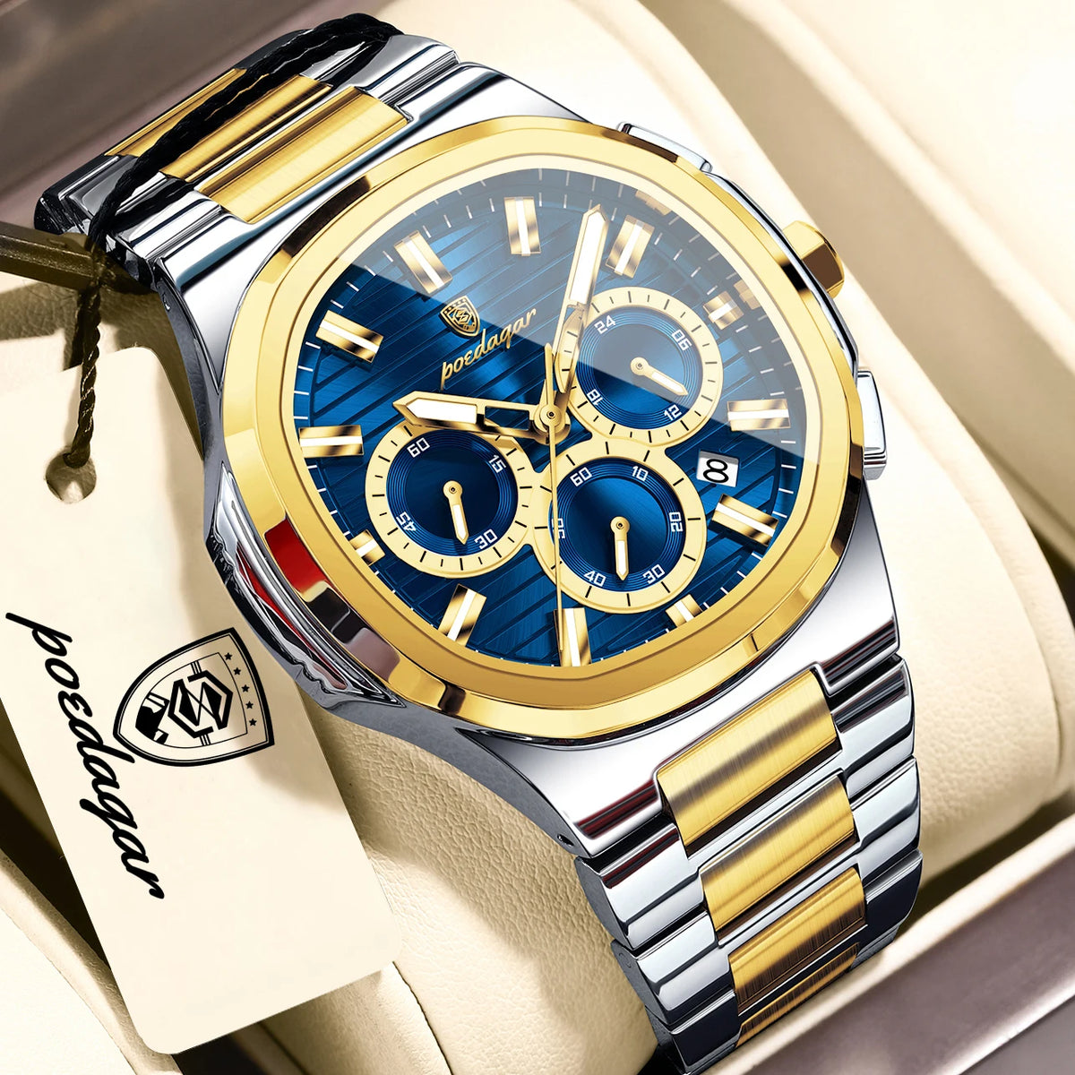 POEDAGAR Men’s Luxury Stainless Steel Quartz Watch  Waterproof Chronograph with Luminous Dial & Date