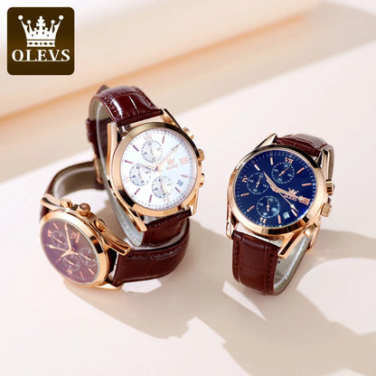 Reloj de pulsera cronógrafo para hombre OLEVS 2872 – Correa de piel, resistente al agua, agujas luminiscentes, movimiento de cuarzo, estilo deportivo de lujo