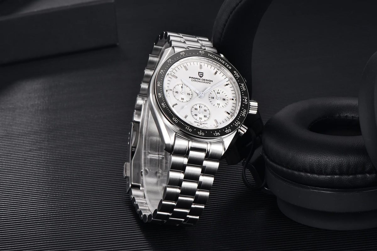 Zegarek męski PAGANI DESIGN „New Moon” – luksusowy zegarek kwarcowy, chronograf, szkło szafirowe z powłoką antyrefleksyjną, ceramiczna ramka, świecące wskazówki