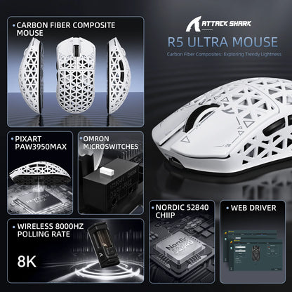 Mouse de gaming wireless ATTACK SHARK R5 Ultra Carbon Fiber, senzor de gaming PixArt PAW3950MAX, 42000DPI, 8000Hz, MCU Nordic 52840