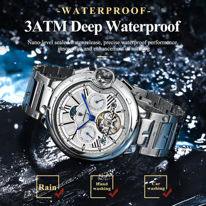 POEDAGAR Luxury Male Watch Tourbillon Date Week Stainless Steel Men Watch Waterproof Automatic Mechanical Military Men's Watches