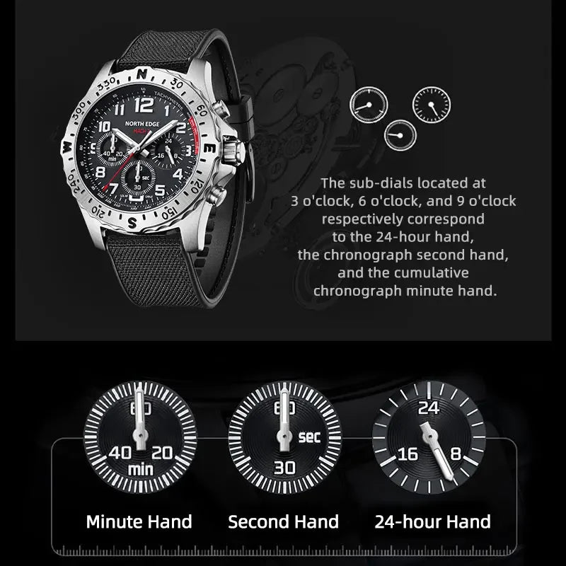 NORTH EDGE Men's Watches Solar Power 316 Stainless Steel Case Quartz Watch for Men Pilot Waterproof 50M Stopwatch