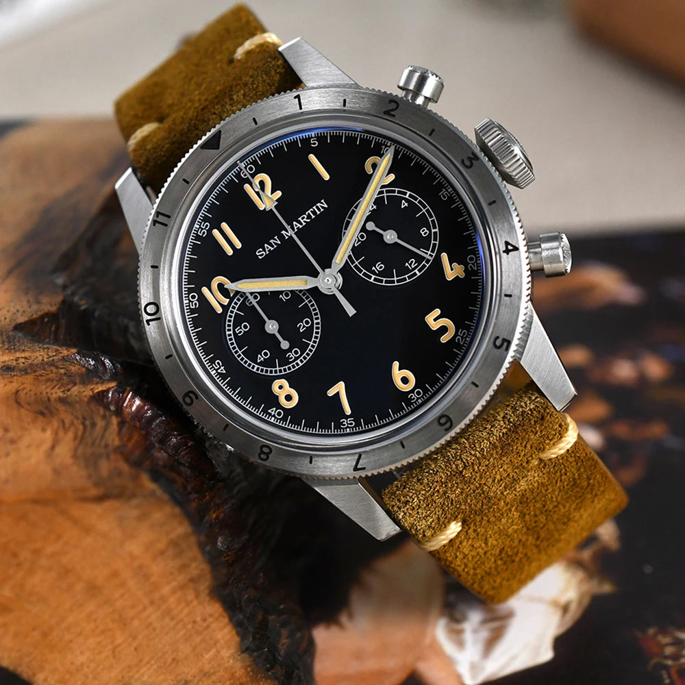 San Martin Vintage Men Quartz Watch Pilot VK64 Chronograph Watches Waterproof Luminous Quick Release Leather Strap SN0127