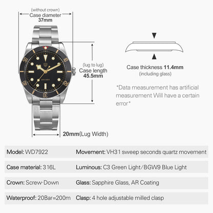 Watchdives WD7922 BB54 Watch VH31 Sweep Second Movement Sapphire Crystal 20bar Waterproof C3 Luminous 37mm Vintage Watches