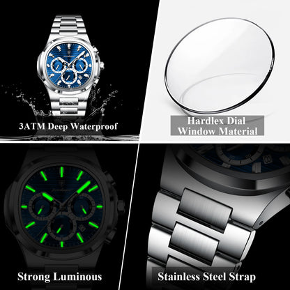 POEDAGAR Men’s Luxury Stainless Steel Quartz Watch  Waterproof Chronograph with Luminous Dial & Date