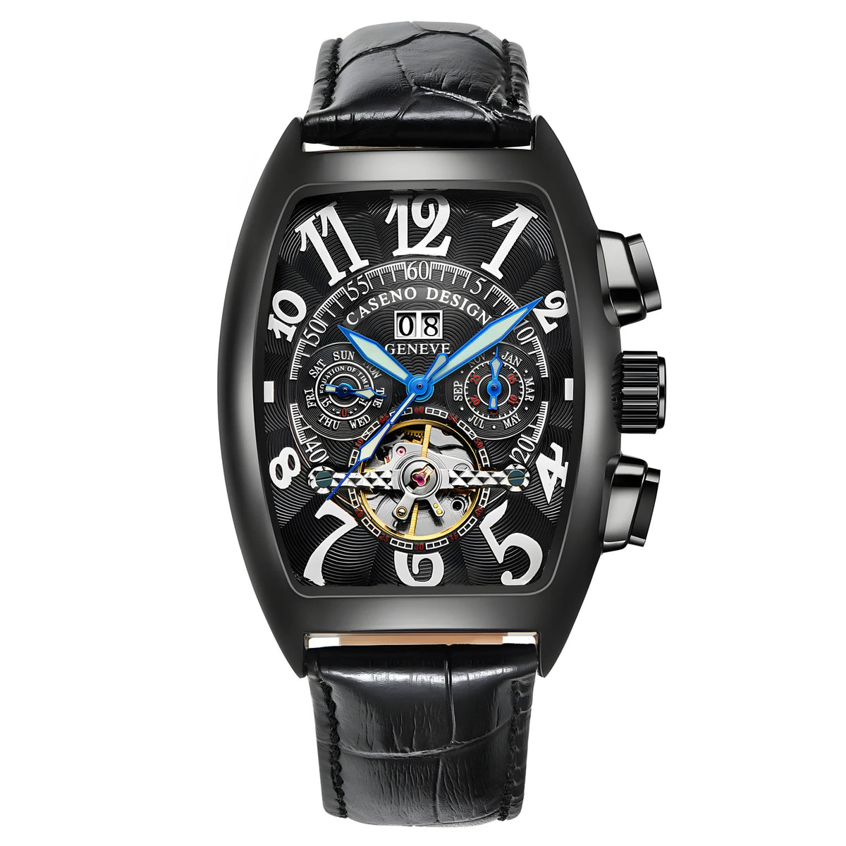 CASENO Top Luxury Brand Men's Fully Automatic Mechanical Tourbillon Watch Calendar Night Glow Tonneau Skeleton Watch -577G