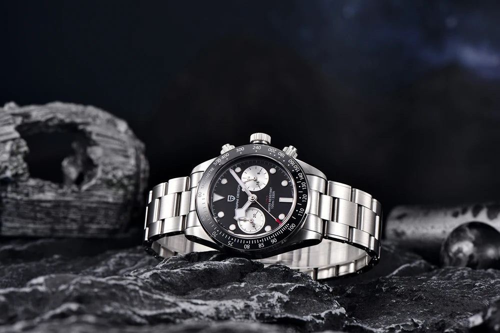 Vyriškas laikrodis „PAGANI DESIGN“ „Panda“ – prabangus kvarcinis chronografas, atsparus vandeniui, safyro stiklas su antirefleksine danga, šviečiantis sportinis laikrodis