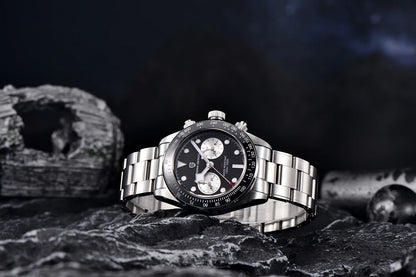 Vyriškas laikrodis „PAGANI DESIGN“ „Panda“ – prabangus kvarcinis chronografas, atsparus vandeniui, safyro stiklas su antirefleksine danga, šviečiantis sportinis laikrodis