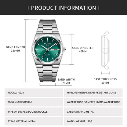 Man Watch Quartz Watch Luxury Waterproof Luminous Date Week Stainless Steel Men's Watch Male relógios masculino reloj hombre