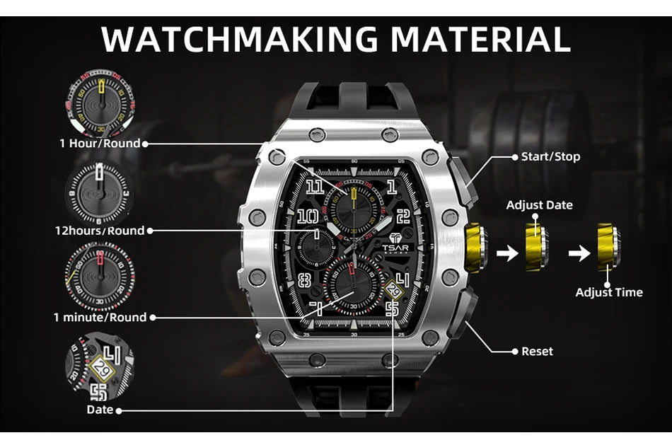 Reloj TSAR BOMBA para hombre, marca de lujo, diseño tonneau, impermeable, de acero inoxidable, reloj de pulsera de moda rectangular para hombre