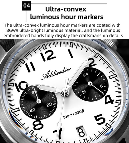 Orologio da uomo ADDIESDIVE 2025 New Panda Eye, retrò di lusso, quarzo VK64, cronografo sportivo, impermeabile 100M, luminoso