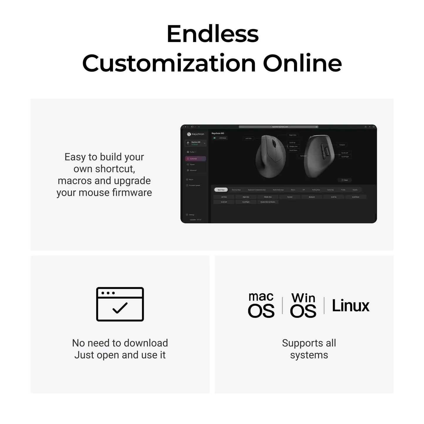 Keychron M5 kabellose ergonomische Maus, optisch, 8K Polling-Rate, 2.4GHz & Bluetooth, Type-C, 3950 Sensor