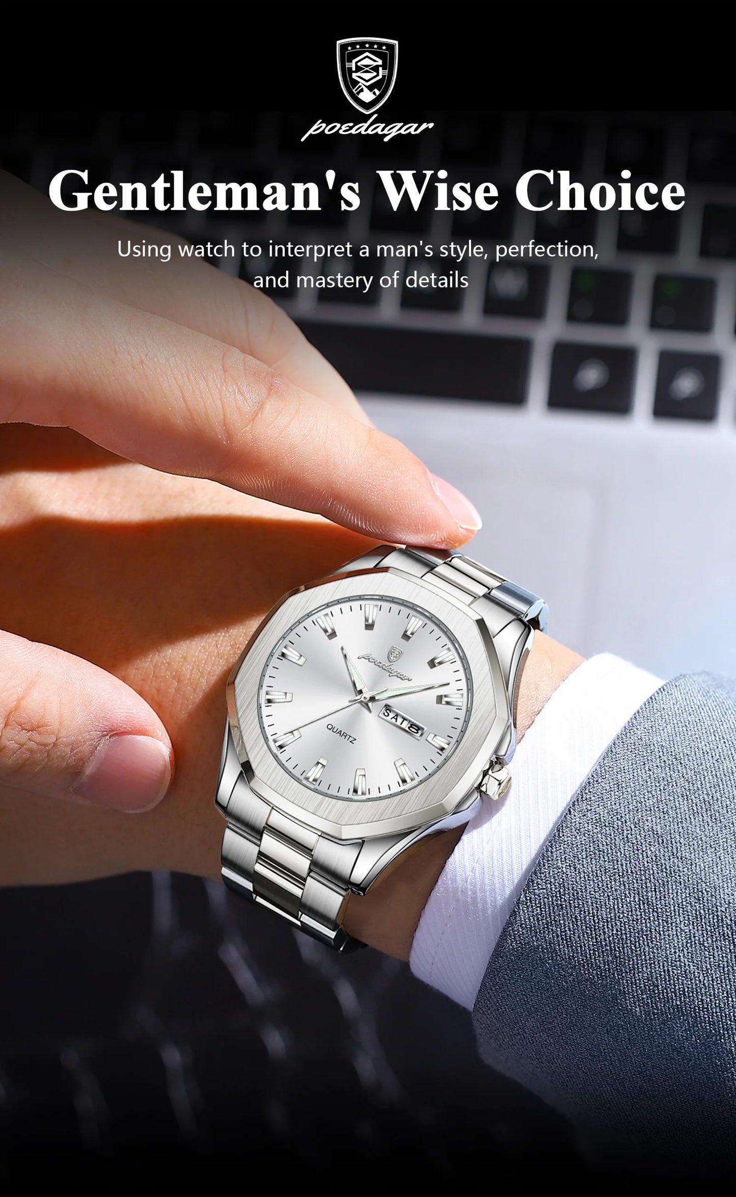 POEDAGAR Luxury Men Wristwatch Waterproof Luminous Week Date Casual Man Clock Stainless Steel Quartz Fashion Men's Watches Reloj
