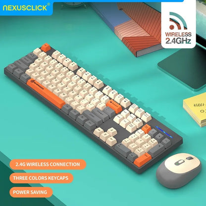 Conjunto Teclado e Rato Sem Fios NexusClick para Gaming e Escritório, Poupança de Energia Inteligente, Tamanho Completo, 104 Teclas, 1600DPI Ajustável, USB para Portátil e PC