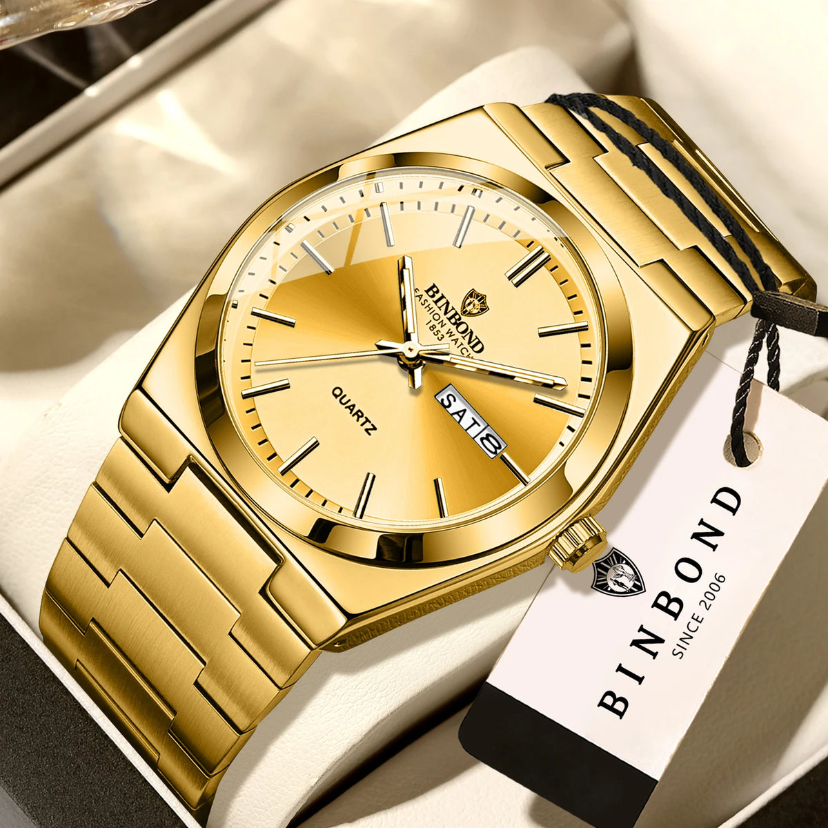 Relógio de pulso de luxo BINBOND com movimento de quartzo, luminoso, estanque, com indicação do dia da semana e data automática, bracelete em aço, estilo empresarial, desportivo, moderno e casual.