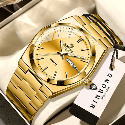 Relógio de pulso de luxo BINBOND com movimento de quartzo, luminoso, estanque, com indicação do dia da semana e data automática, bracelete em aço, estilo empresarial, desportivo, moderno e casual.