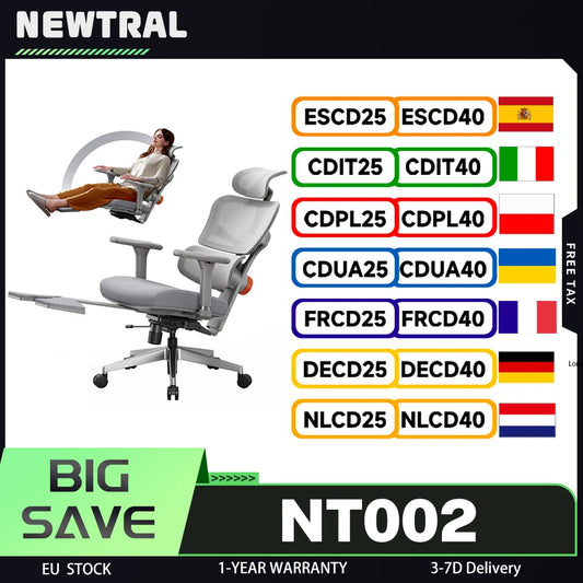 NEWTRAL NT002 Ergonomic Office Chair with Adaptive Lumbar Support, 4D Adjustable Armrest, Headrest, Footrest, Reclining Computer Chair