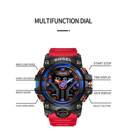 SMAEL 8075 Men's Analog Digital Dual Display Sport Watch - 50M Waterproof LED Backlight Dual Time Alarm Chronograph Stopwatch