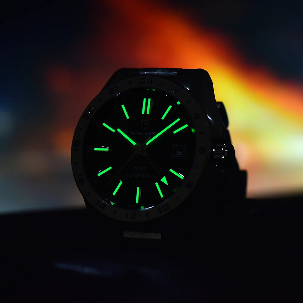 Pagani Design Men's Luxury GMT Automatic Watch Stainless Steel Case Sapphire Glass 100m Waterproof Mechanical Business Watch