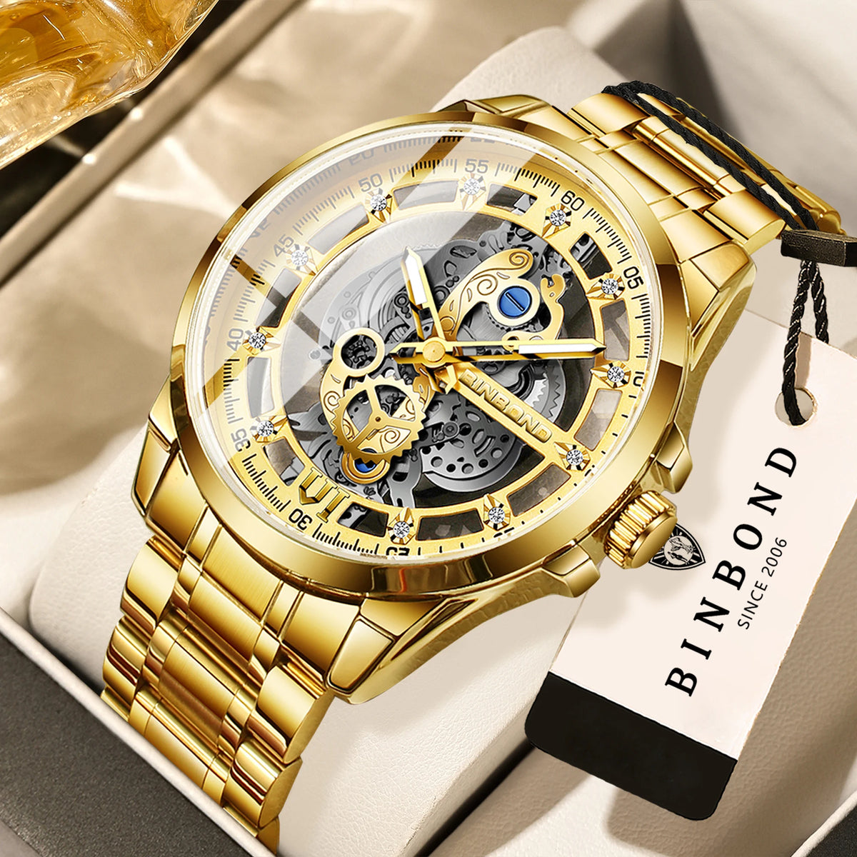 Vintage openwork BINBOND quartz wristwatch for men, luminous, water-resistant, accurate and durable, casual style.