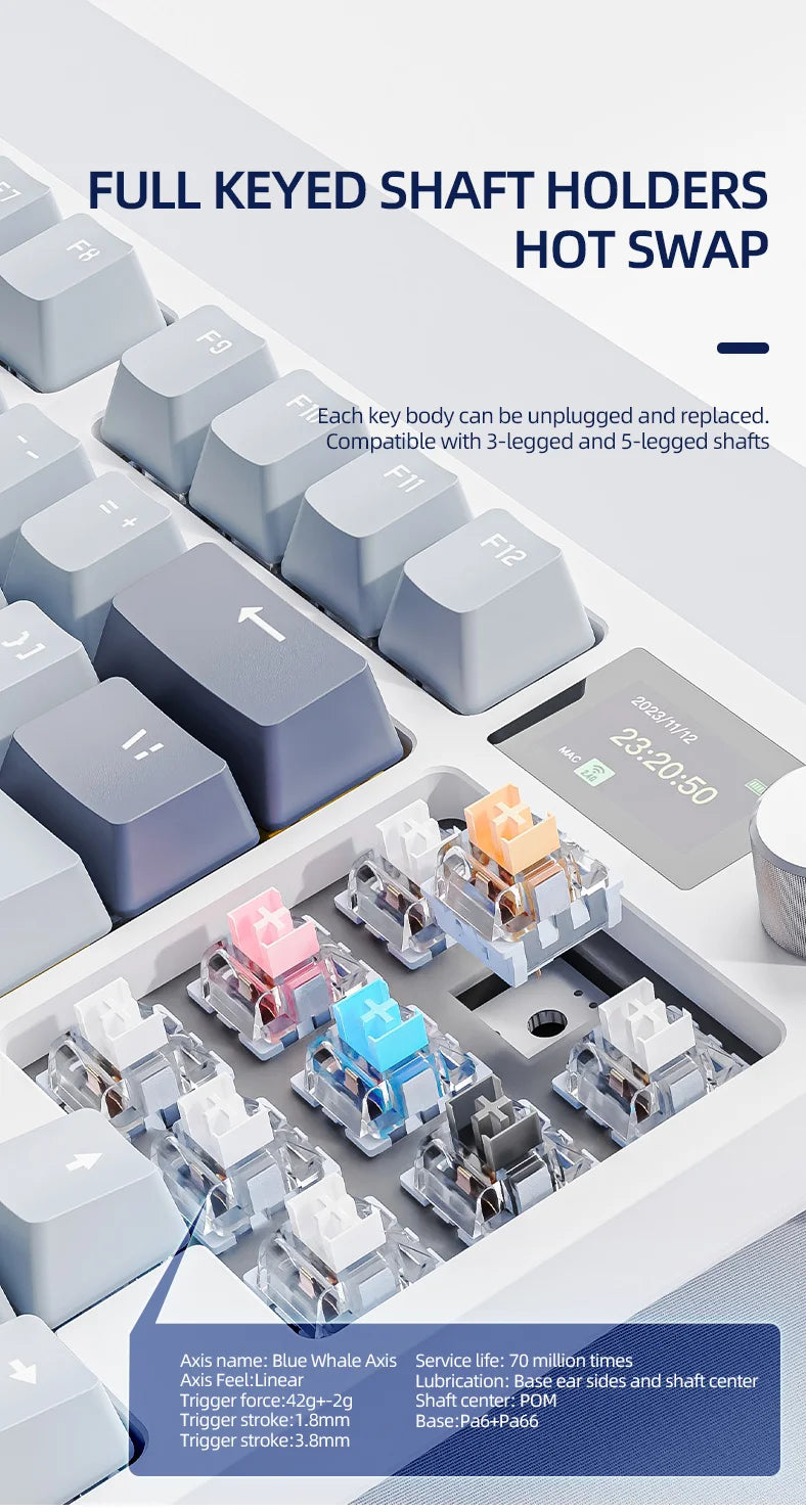 ATTACK SHARK K86 Mechanical Keyboard with Metal Knob,TFT Smart Color Screen,87-key Layout,RGB Lighting,and Three-mode Connection