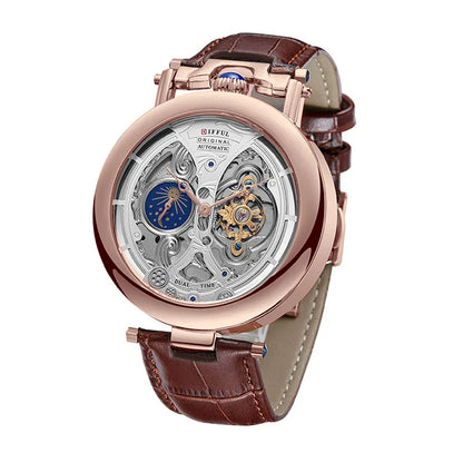 DIFFUL Luxury Big Skeleton Dial Moon Phases Tourbillon Hollowed Mechanical Men Wristwatch Watch With Leather Band