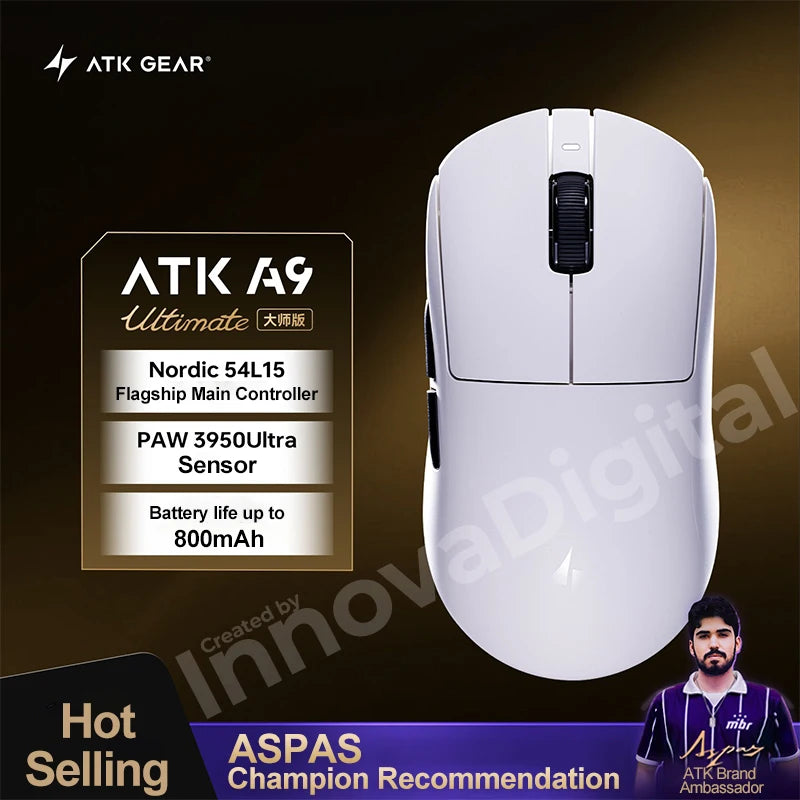 ATK Dragonfly A9 Ultimate belaidė žaidimų pelė A9 Air PAW3950, itin lengva ergonomiška e. sporto FPS žaidėjų pelė CSGO A9 Ultra