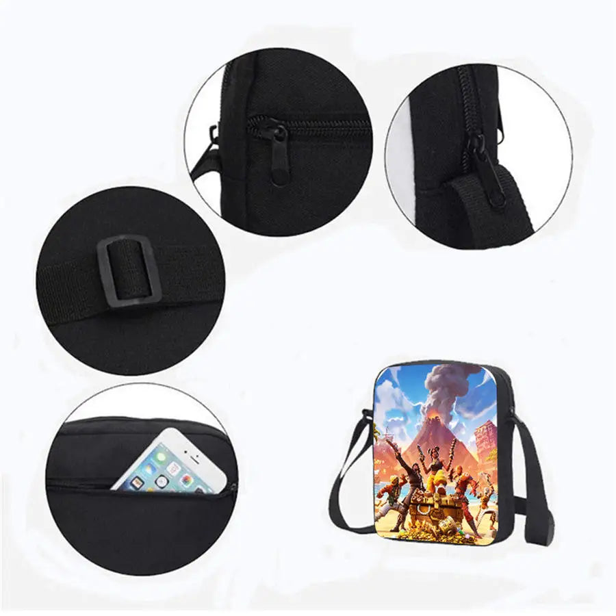 Conjunto de mochila infantil 3 peças, mala a tiracolo e estojo, mala FORTNITE com desenhos, leve para meninos e meninas dos 5 aos 10 anos, porta-chaves 3D impresso grátis