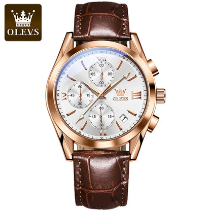 Reloj de pulsera cronógrafo para hombre OLEVS 2872 – Correa de piel, resistente al agua, agujas luminiscentes, movimiento de cuarzo, estilo deportivo de lujo