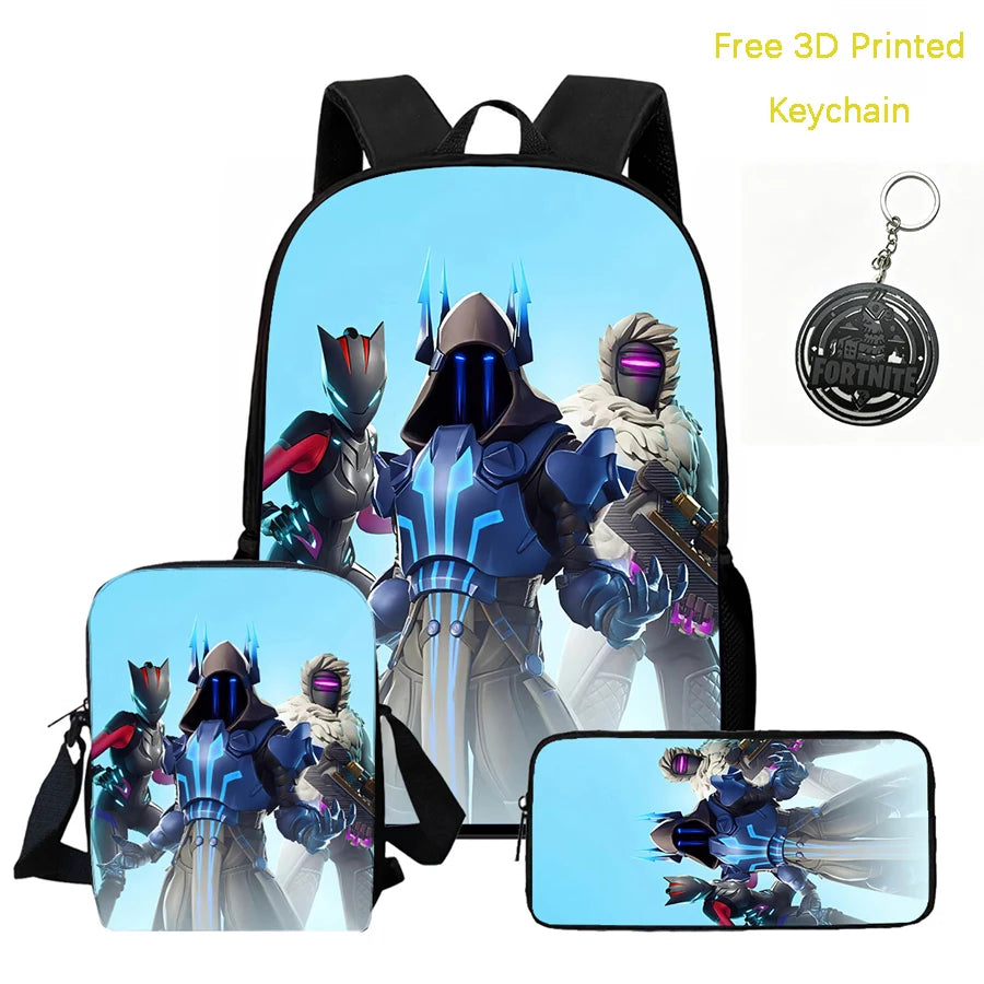 Conjunto de mochila infantil 3 peças, mala a tiracolo e estojo, mala FORTNITE com desenhos, leve para meninos e meninas dos 5 aos 10 anos, porta-chaves 3D impresso grátis