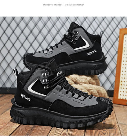 Black And Tan Mid Top Hiking Boots Suede And Leather Platform Sneakers Non Slip Outdoor Casual Shoes With Rugged Sole For All