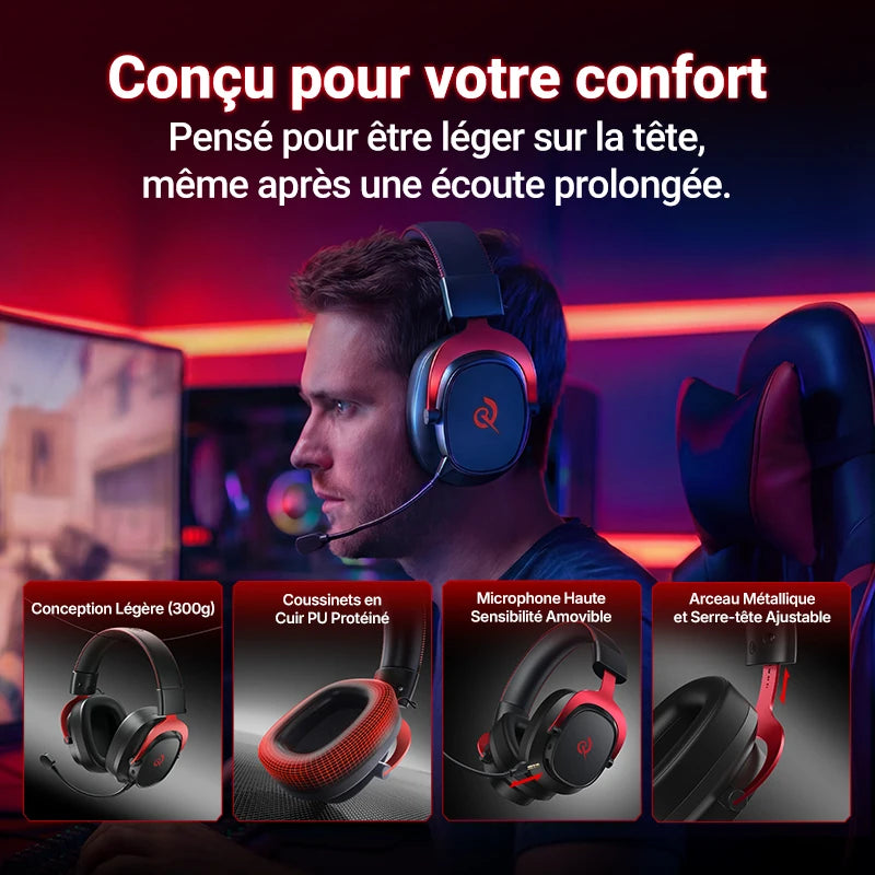 QCY Casque Gamer Sans Fil Heroad VT200 avec Microphone Détachable, Casque Over-Ear, Connexion Tri-Mode, Son Surround 7.1 pour PC, PS4 et PS5