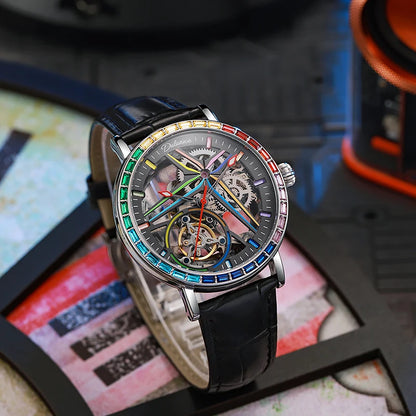 Skelethorloge voor heren, modieuze stijl, versierd met edelstenen in de kleuren van de regenboog, voorzien van een tourbillon; luxe mechanisch automatisch horloge, waterdicht tot 30 meter.