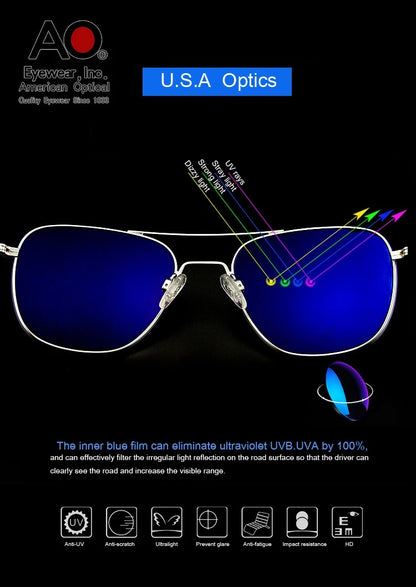Pilot AO Sunglasses Men Top Quality American Army Military Mirror AGX Tempered Glass Lens Sun Glasses