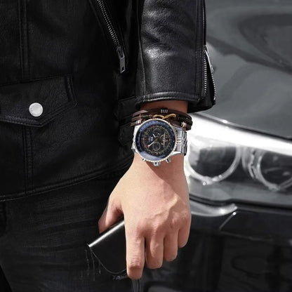 JARAGAR 034, lyxig retro-armbandsur med automatisk mekanisk urverk, tourbillon, skelettur, rostfritt stål, veckokalender, herrklocka