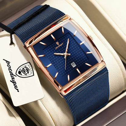 POEDAGAR Men’s Luxury Rectangle Quartz Watch Stainless Steel Mesh Strap, Luminous Dial & Date